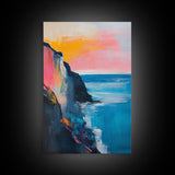 Sunset Cliff Framed Canvas Print Coastal Seascape Wall Art Vibrant Ocean Painting Modern Beach House Decor Relaxing Home Gift