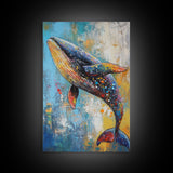 Blue Whale Framed Canvas Print Ocean Wildlife Art Colorful Nautical Wall Decor Coastal Home Aesthetic Sea Lover Gift