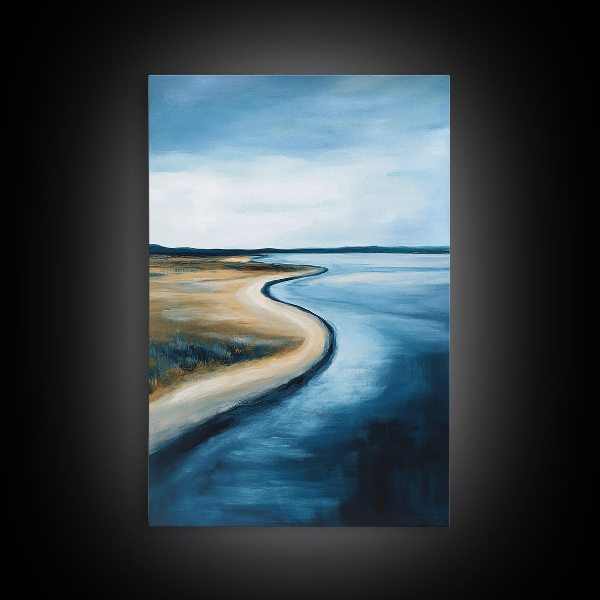 Serene Shoreline Framed Canvas Print Minimalist Coastal Landscape Wall Art, Beach Tranquility Painting, Nautical Home Decor