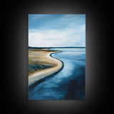 Serene Shoreline Framed Canvas Print Minimalist Coastal Landscape Wall Art, Beach Tranquility Painting, Nautical Home Decor