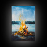 Lakeside Bonfire, Camping Art, Outdoor Wall Art, Cozy Campfire Painting, Nature Art, Rustic Decor, Above Couch Art, Canvas Print
