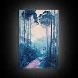Misty Forest, moody art, birch tree art, pine tree art, landscape painting, gift idea for her, Framed Canvas Print, bedroom art