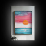 Sunset Horizon, pink orange wall art, nautical painting, coastal decor, above bed wall art, wabi sabi art, Framed Canvas Print, boho art