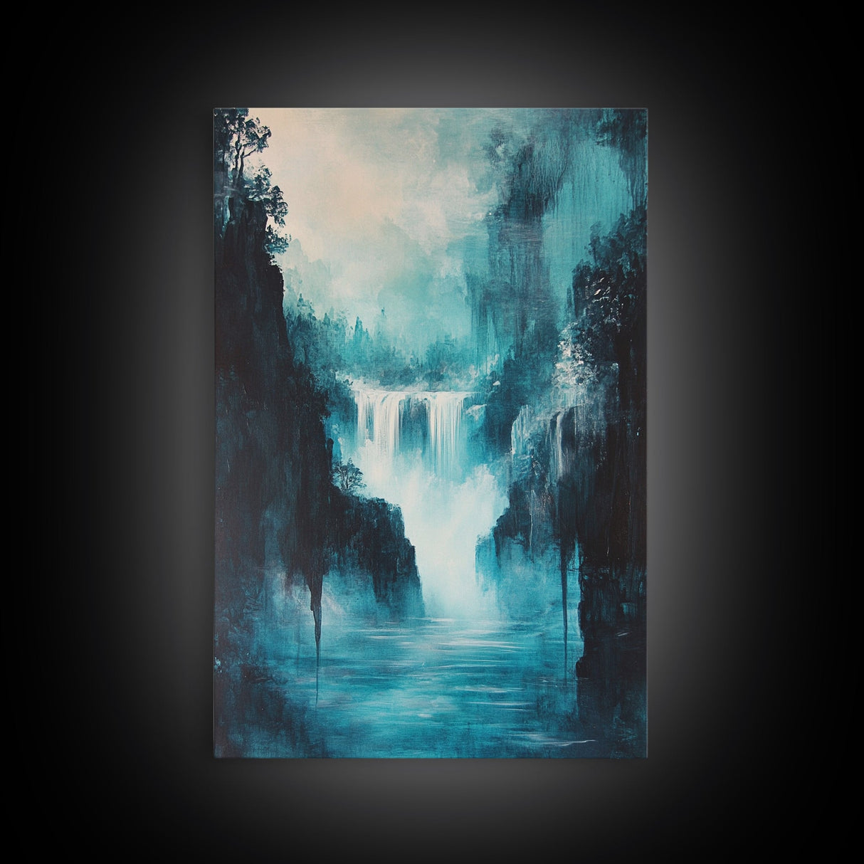 waterfall painting, landscape painting, framed canvas print, mountain painting, rustic wall art, blue and green wall art, gift idea