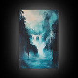 waterfall painting, landscape painting, framed canvas print, mountain painting, rustic wall art, blue and green wall art, gift idea