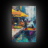 Market Boats, Coastal Decor, Nautical Painting, Vibrant Wall Art, Rustic Art, Canvas Print, Extra Wide Art, Living Room Art