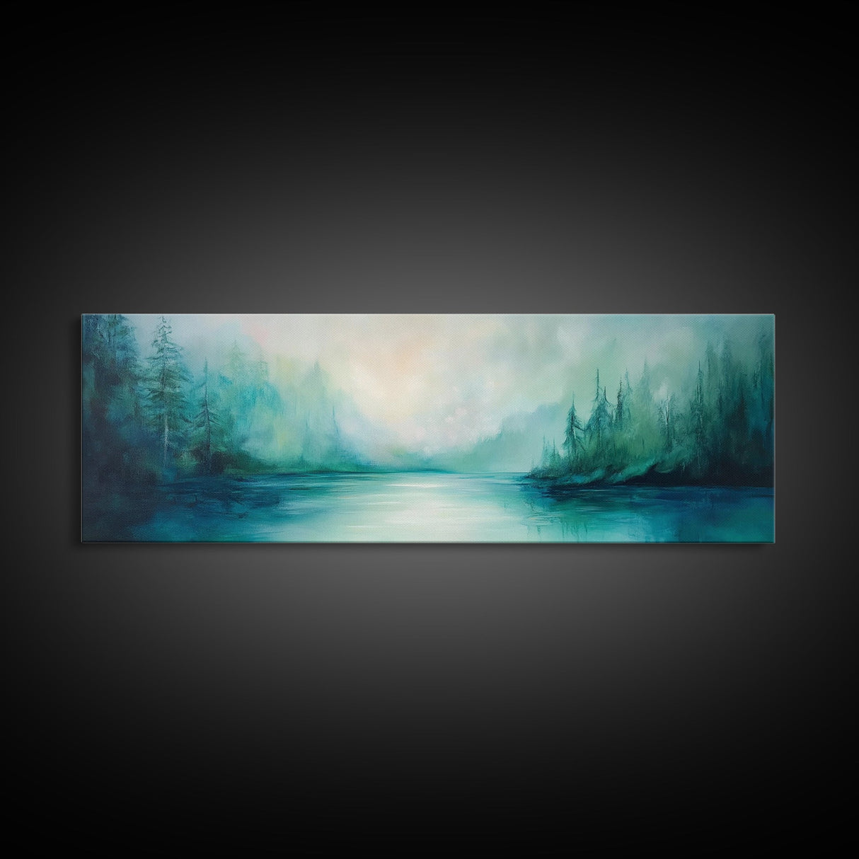 Forest Lake Morning Framed Canvas Print Calm Nature Art, Misty Green Landscape, Cabin Wall Decor, Peaceful Living Room Artwork