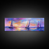 Sailboats at Sunset Framed Canvas Print Nautical Wall Art, Vibrant Ocean Painting, Coastal Home Decor, Large Living Room Artwork