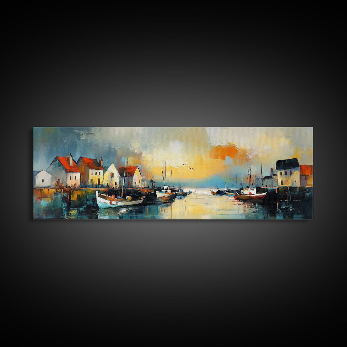 Seaside Village Harbor Canvas Print Coastal Boats Wall Art Nautical Fishing Town Decor Rustic Beach House Artwork Framed Print