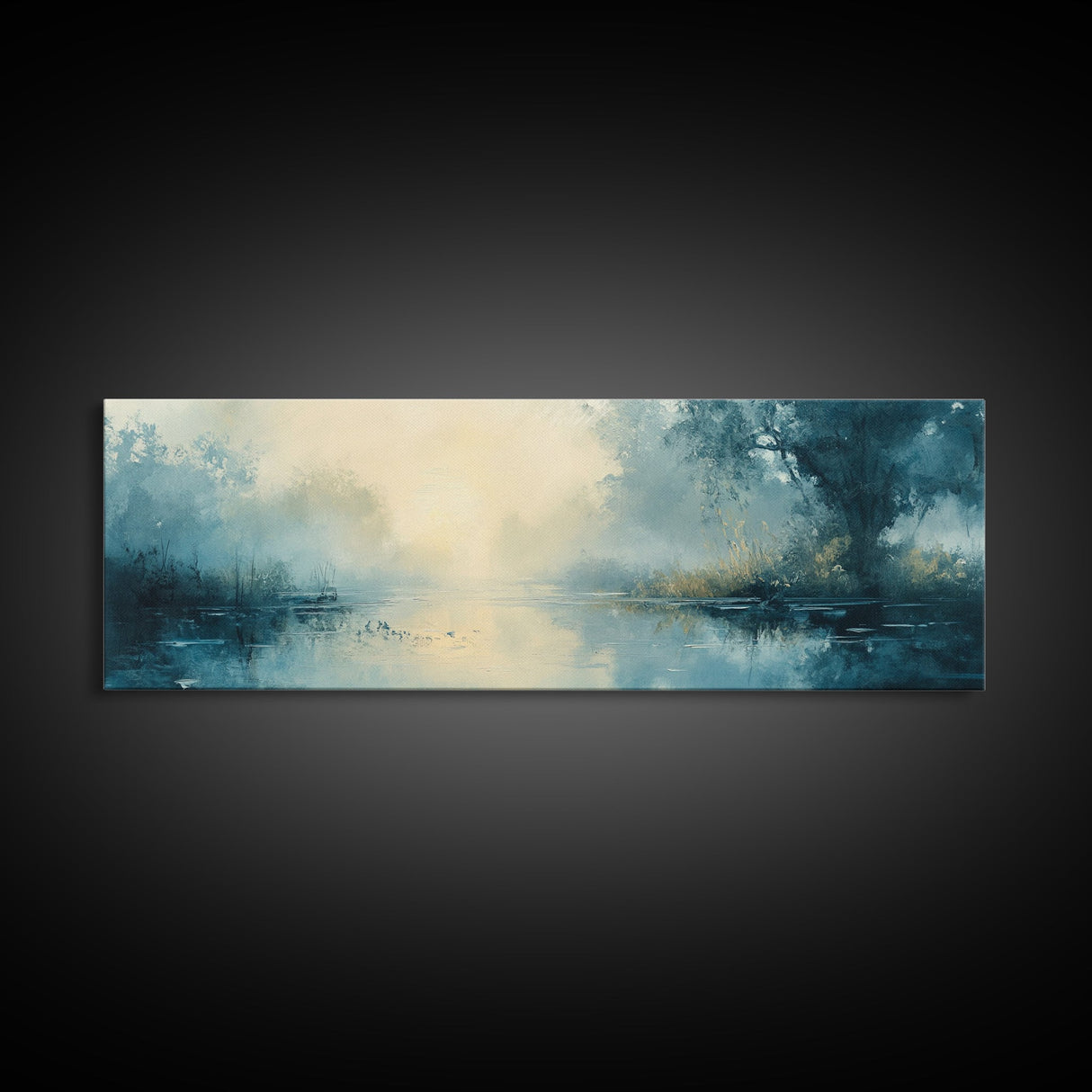 Misty Lake Canvas Print Serene Nature Wall Art, Neutral Forest Landscape, Soft Blue Wall Decor, Minimalist Bedroom Artwork