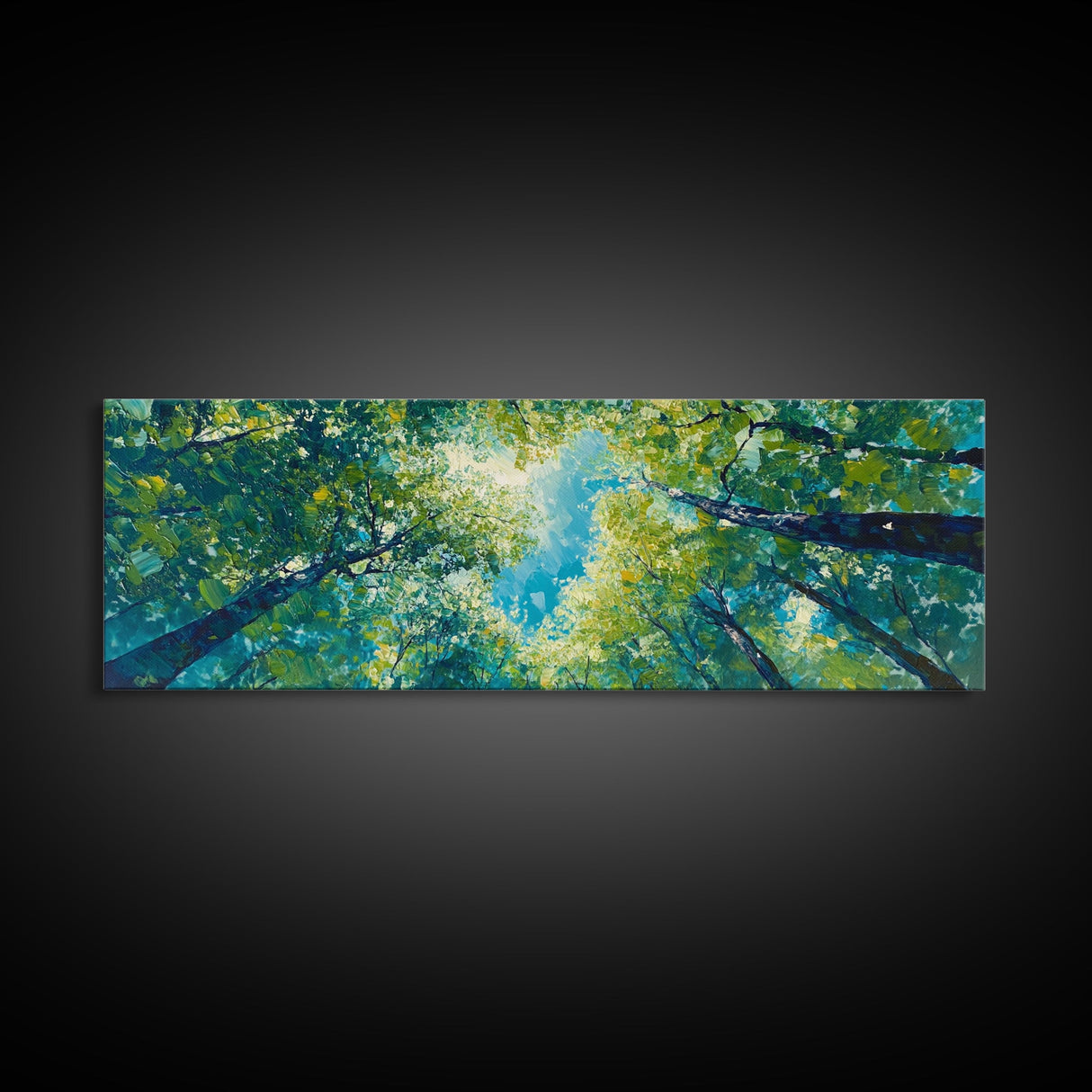 Sunlit Forest Framed Canvas Print Vibrant Nature Wall Art, Green Tree Canopy Painting, Bright Boho Decor, Botanical Living Room Art