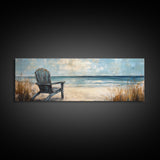 Adirondack Chair Beach Scene, Serene Coastal Landscape Art, Ocean View Wall Decor, Tranquil Bedroom, Framed Canvas Print