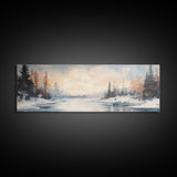 Serene Winter Forest Framed Canvas Print, Snowy Landscape Painting, Cozy Christmas Wall Art, Neutral Rustic Home Decor, Lodge Art