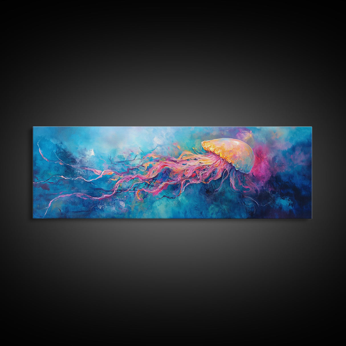 Jellyfish Underwater Fantasy Canvas Print, Vibrant Ocean Life Wall Art, Deep Sea Painting, Marine Bedroom Decor, Nature Lover Gift