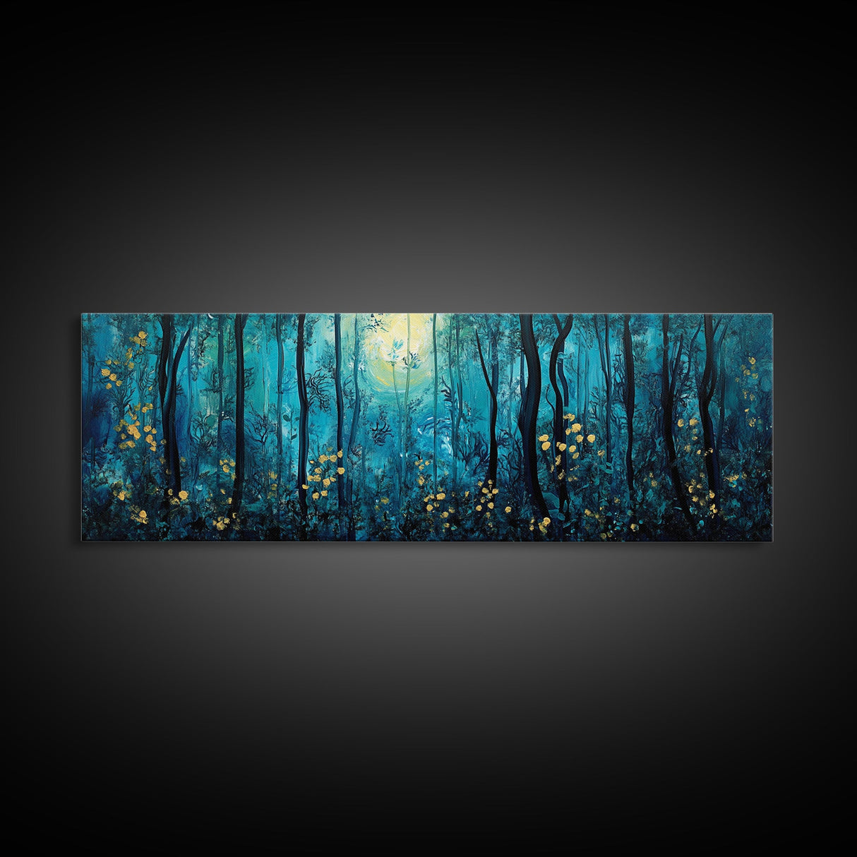 Moonlit Forest Wall Art, Mystical Woodland Painting, Dark Blue Nature Art, Enchanted Trees, Cozy Cabin Decor, Bedroom Wall Art
