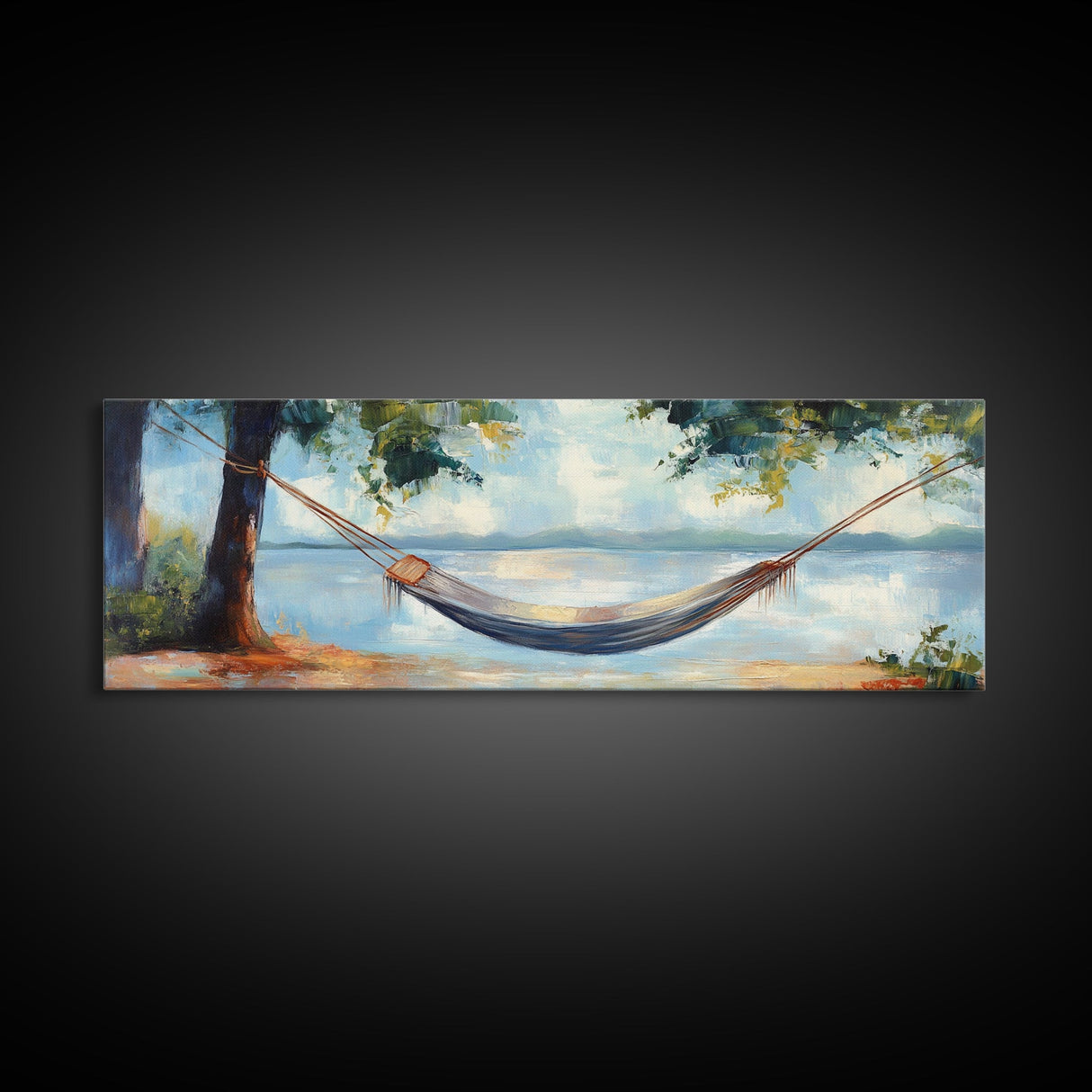 Relaxing Hammock Lake Scene, Tranquil Coastal Art, Serene Nature Painting, Boho Wall Decor, Minimalist Bedroom Art