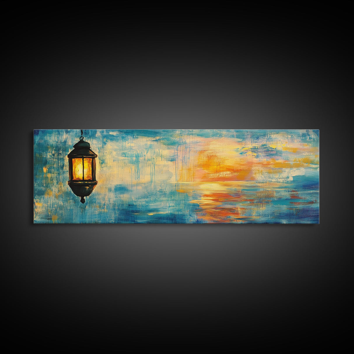 Lantern Glow Sunset Art, Warm Ambient Painting, Nautical Coastal Decor, Rustic Boho Home Wall Art, Relaxing Living Room Art