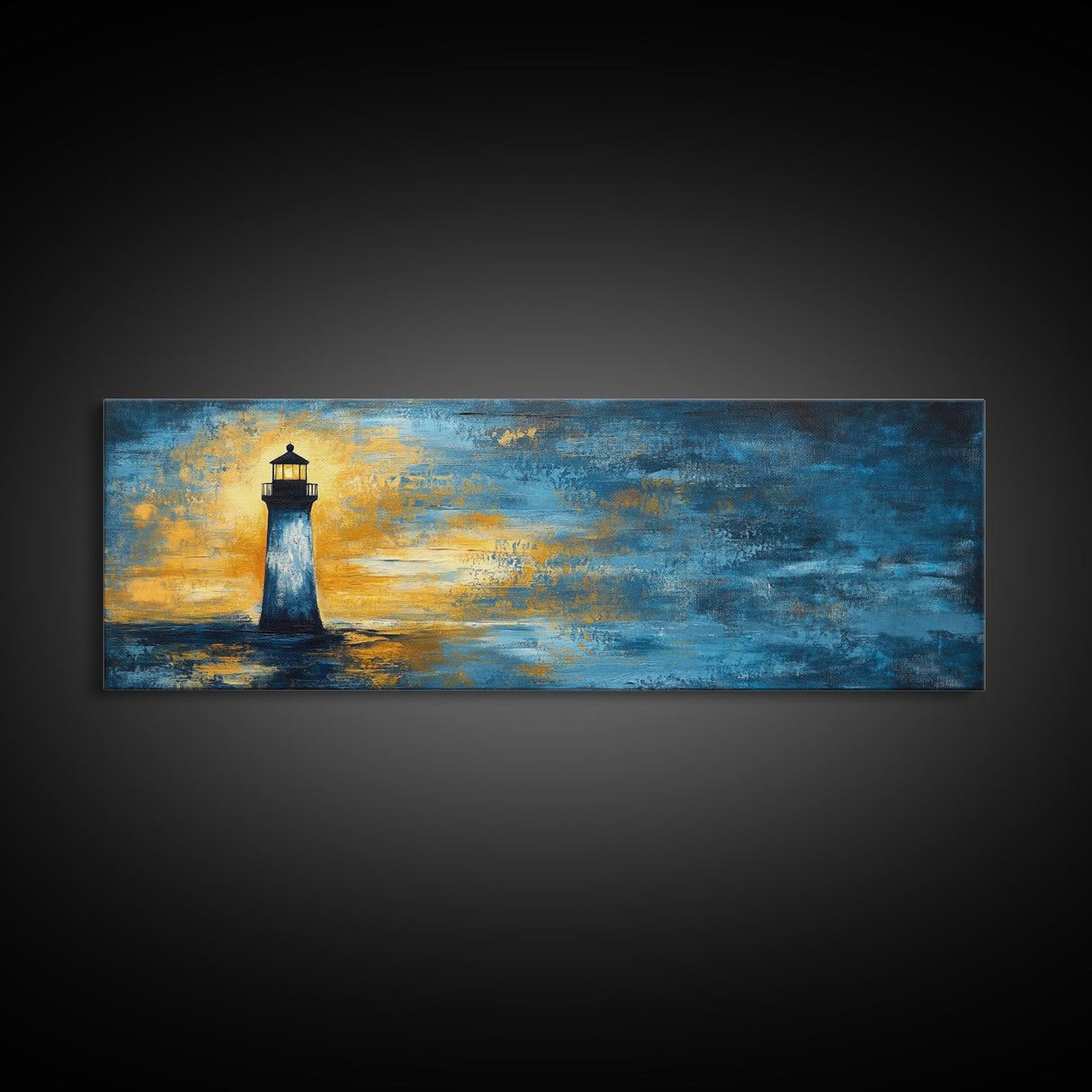 Lighthouse at Dusk Art, Nautical Coastal Painting, Moody Blue and Gold Wall Decor, Ocean Scene Artwork, Tranquil Living Room Art