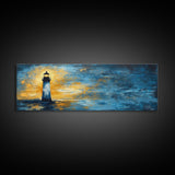 Lighthouse at Dusk Art, Nautical Coastal Painting, Moody Blue and Gold Wall Decor, Ocean Scene Artwork, Tranquil Living Room Art
