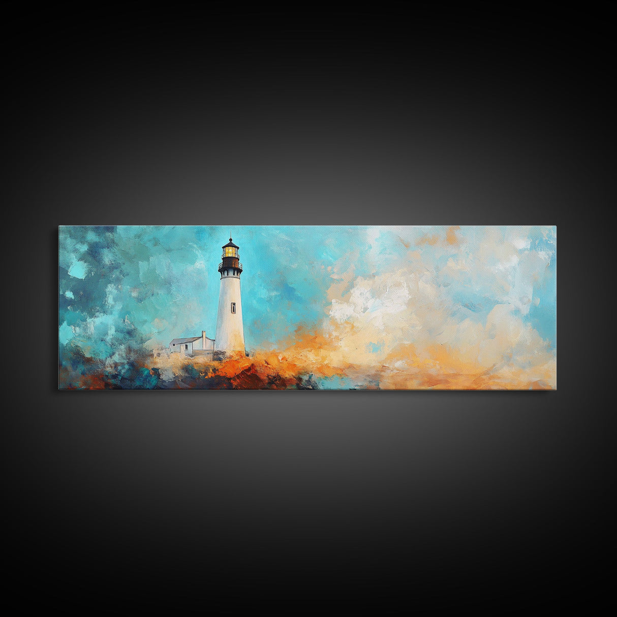 Lighthouse Cliff Seascape Art, Coastal Landscape Painting, Ocean View Home Decor, Modern Nautical Wall Art, Large Living Room Art