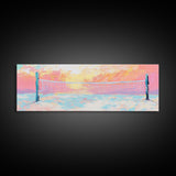 Sunset Beach Volleyball Painting, Pastel Ocean Sports Art, Fun Summer Wall Decor, Playful Living Room, Framed Canvas Print