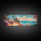 Tropical Beach Canvas Print Coastal House Painting, Palm Tree Art, Vibrant Seaside Wall Decor, Summer Home Decor, Living Room Art