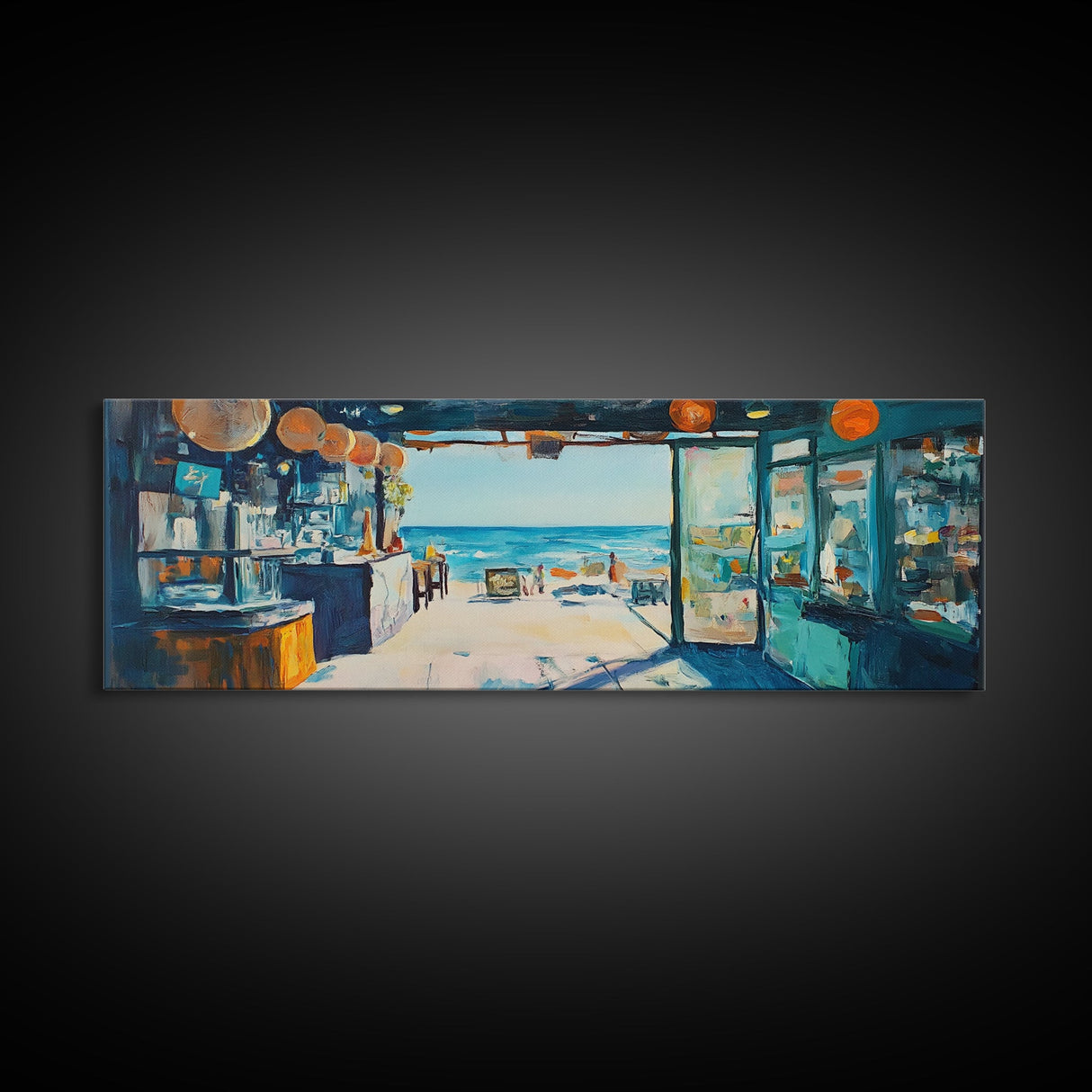 Oceanfront Cafe Scene Canvas Print Beach Bar Wall Art Coastal Decor Seaside Painting Rustic Art Dining Room Kitchen Living Room