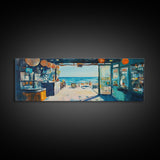 Oceanfront Cafe Scene Canvas Print Beach Bar Wall Art Coastal Decor Seaside Painting Rustic Art Dining Room Kitchen Living Room