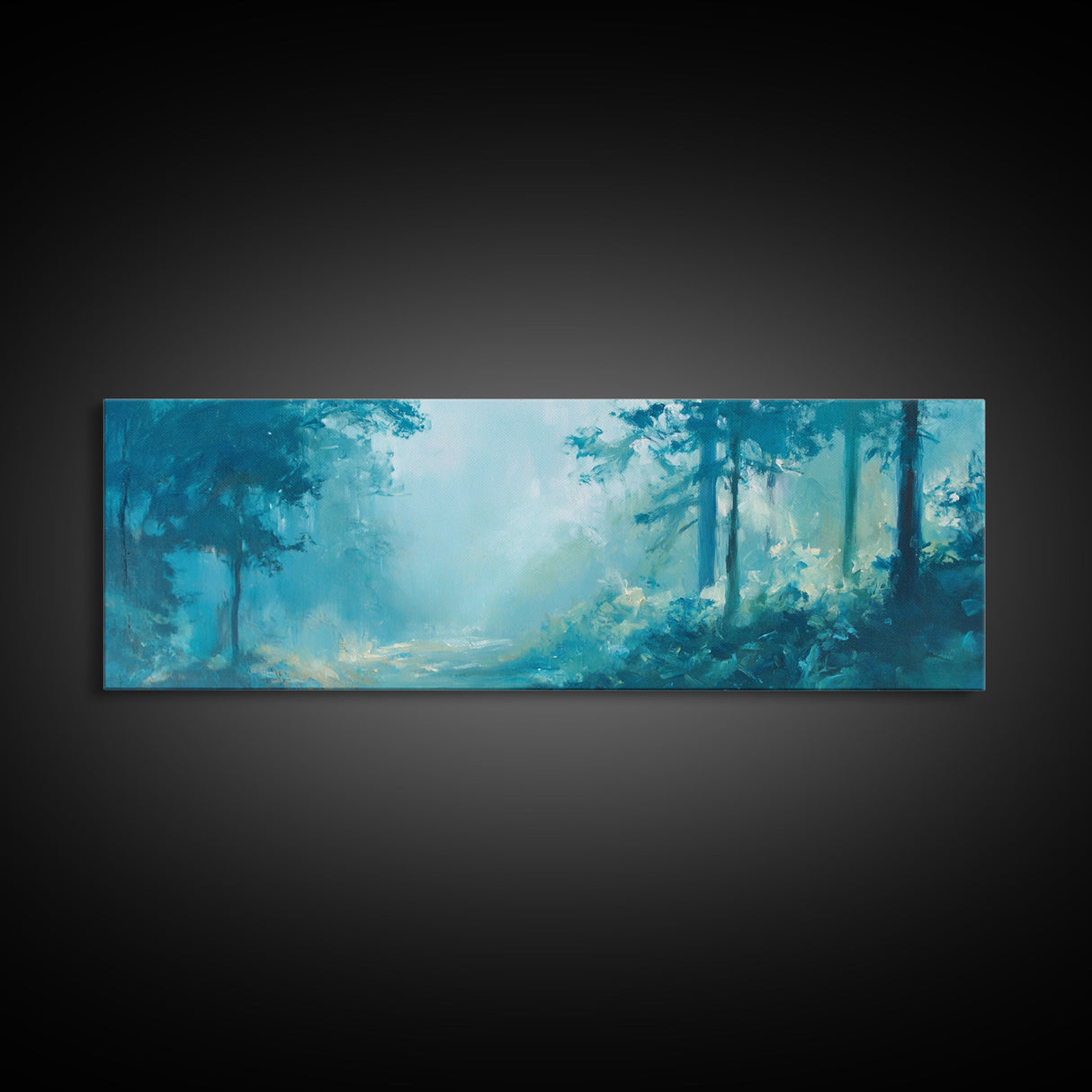 Misty Forest Painting Ethereal Blue Woodland Art Dreamy Nature Landscape Wall Decor Tranquil Aesthetic Bedroom Artwork