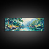 Mountain Lake View Canvas Print, Serene Landscape Painting, Green Nature Wall Art, Living Room Decor, Rustic Cabin Artwork, Gift Idea