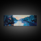 Twilight Lake Reflections Framed Canvas Print, Moody Landscape Painting, Dark Blue Nature Wall Art, Bedroom Art, Wilderness Artwork