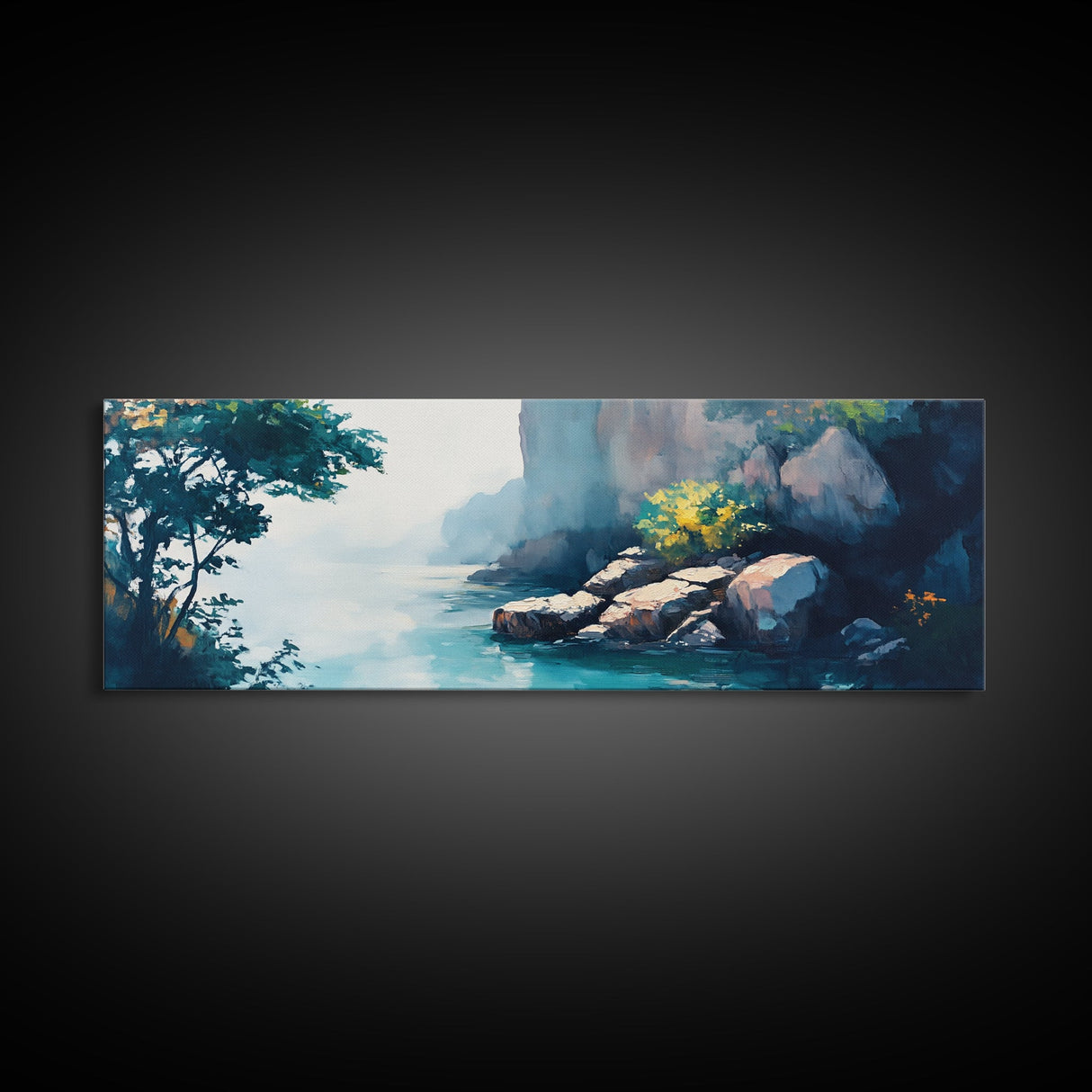 Misty Canyon River Framed Canvas Print, Serene Landscape Painting, Tranquil Nature Art, Zen Wall Decor, Bedroom Relaxation Artwork