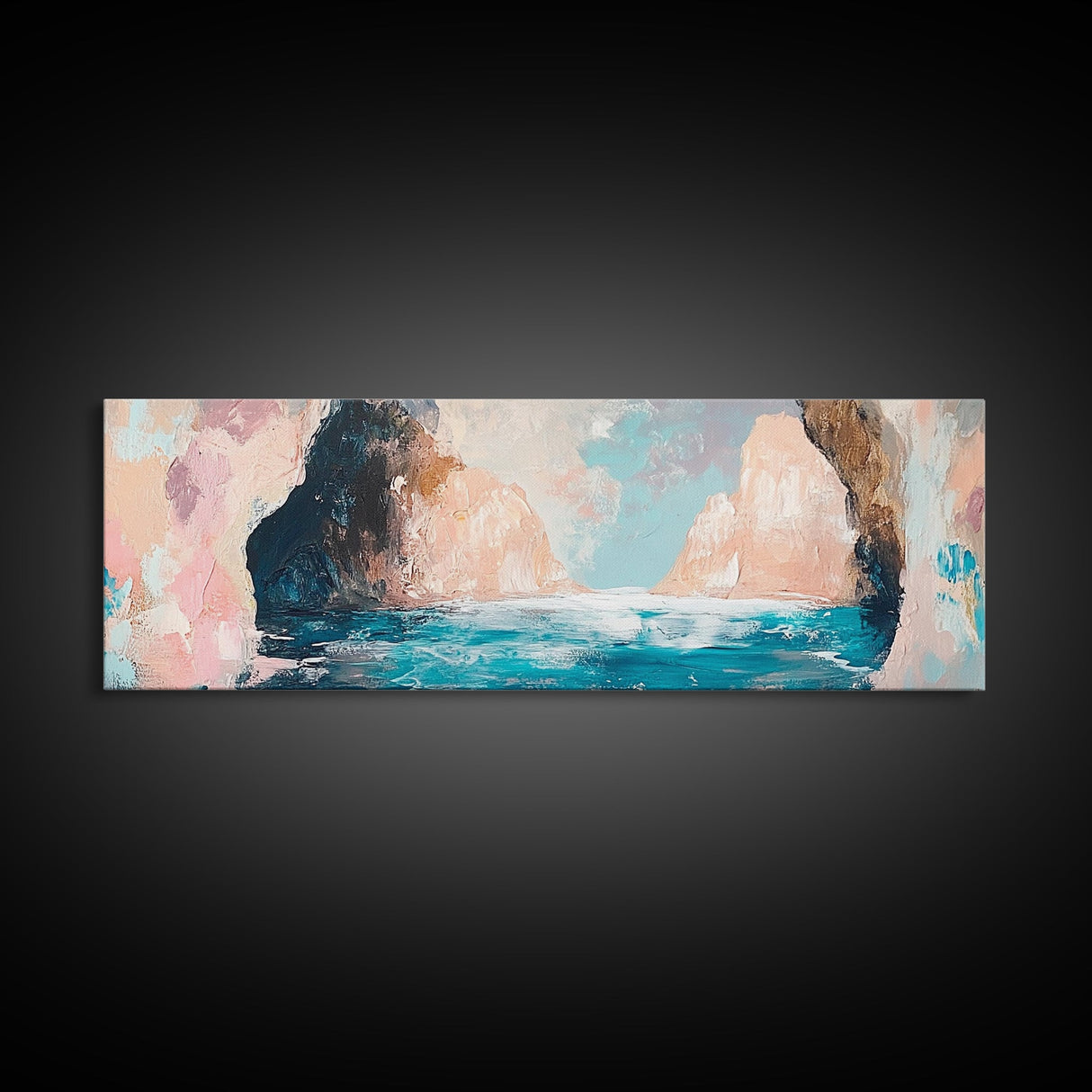 Serene Ocean Cliffs Framed Canvas Print Soft Pastel Coastal Art, Minimalist Seascape Painting, Tranquil Beach Decor, Modern Home Art