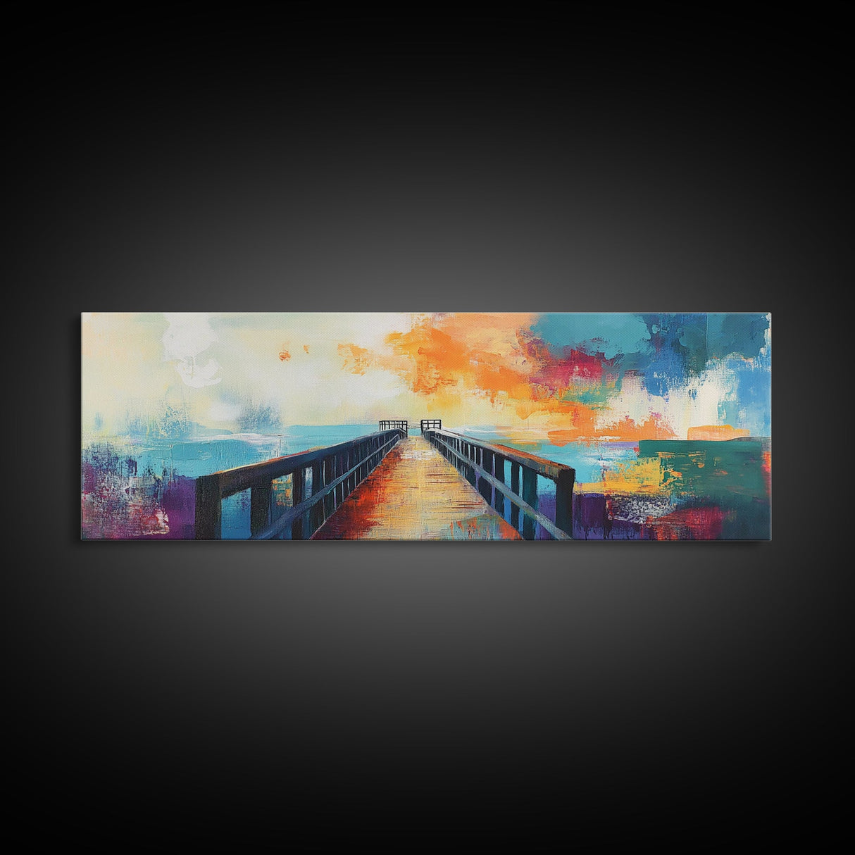 Sunset Pier Canvas Print Vibrant Coastal Wall Art Colorful Dock Painting Beach House Decor Abstract Landscape Nautical Living Room