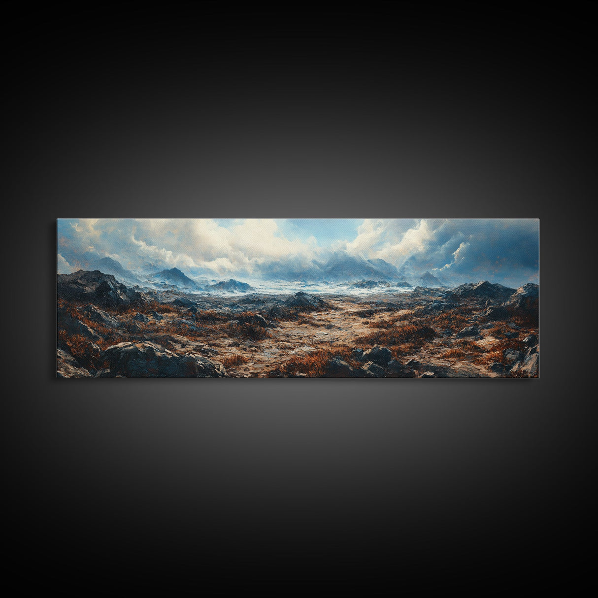 Moody Mountain Landscape Framed Canvas Print Dramatic Nature Art, Rustic Cabin Decor, Stormy Sky Painting, Wilderness Wall Art