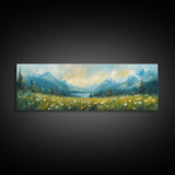 Mountain Lake Meadow Painting, Serene Nature Landscape, Cozy Cabin Art, Blue and Green Rustic Bedroom Wall Decor, Framed Canvas Print