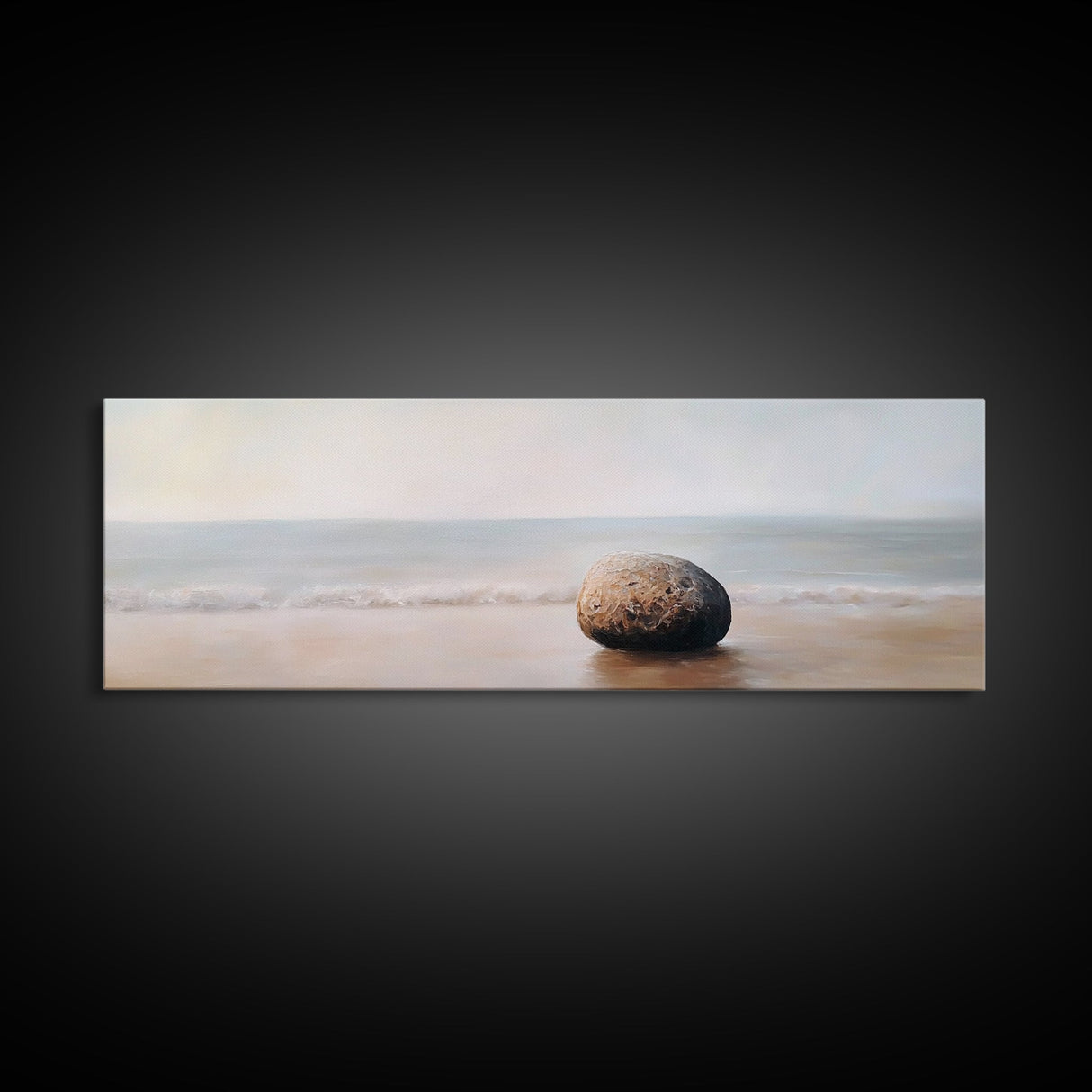 Tranquil Beach Rock Canvas Print Minimalist Wall Art Coastal Zen Painting Neutral Living Room Wall Art Serene Ocean Decor