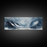 Moody Winter Mountains Framed Canvas Print Dark Landscape Painting Snowy Peaks Rustic Cabin Wall Art Lodge Decor Adventure Gift