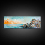 Seaside Cliff, Tranquil Beach Painting, Ocean View Wall Art, Home Decor, Framed Canvas Print, Minimalist Style, Bedroom Artwork