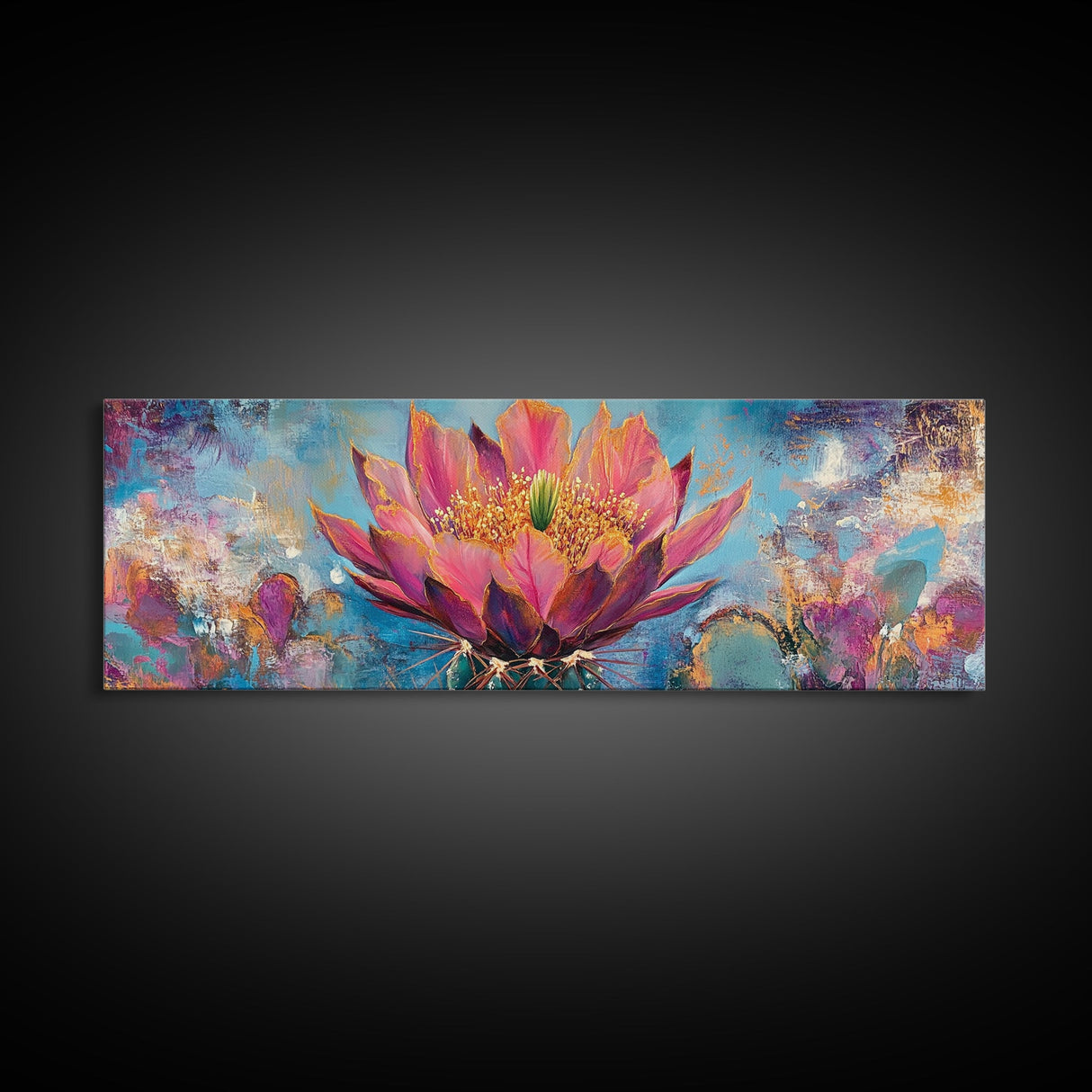 Blooming Cactus Art Framed Canvas Print Boho Floral Wall Art Desert Home Decor Vibrant Succulent Painting Southwestern Gift