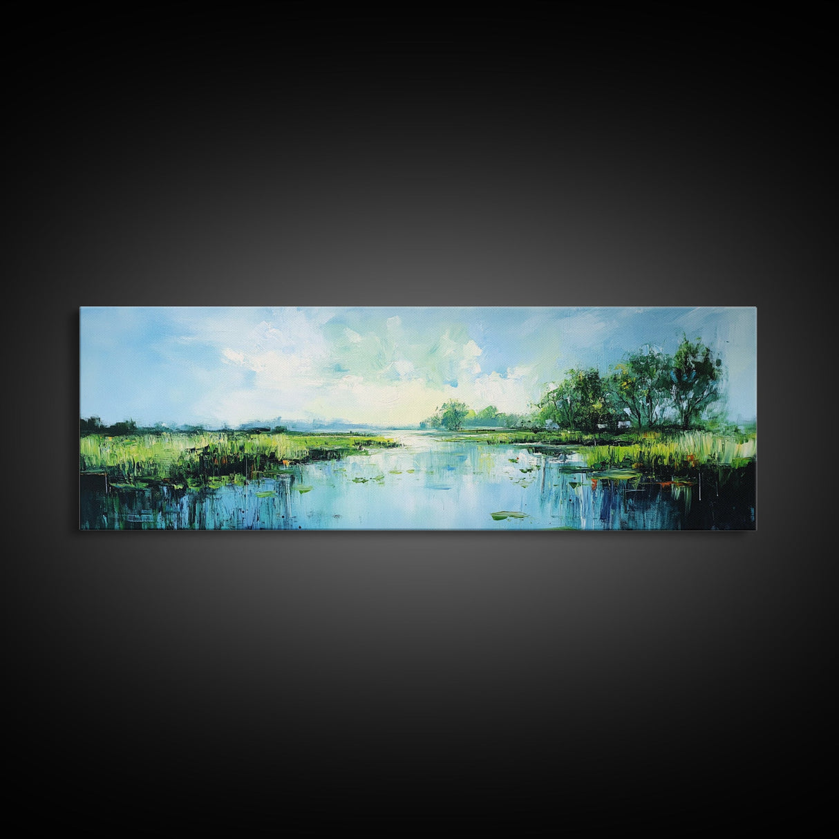 Tranquil, Marshland, Reflection, Nature, Framed Canvas Print, Living Room Wall Art, Impressionist Art, Serene Water Scene