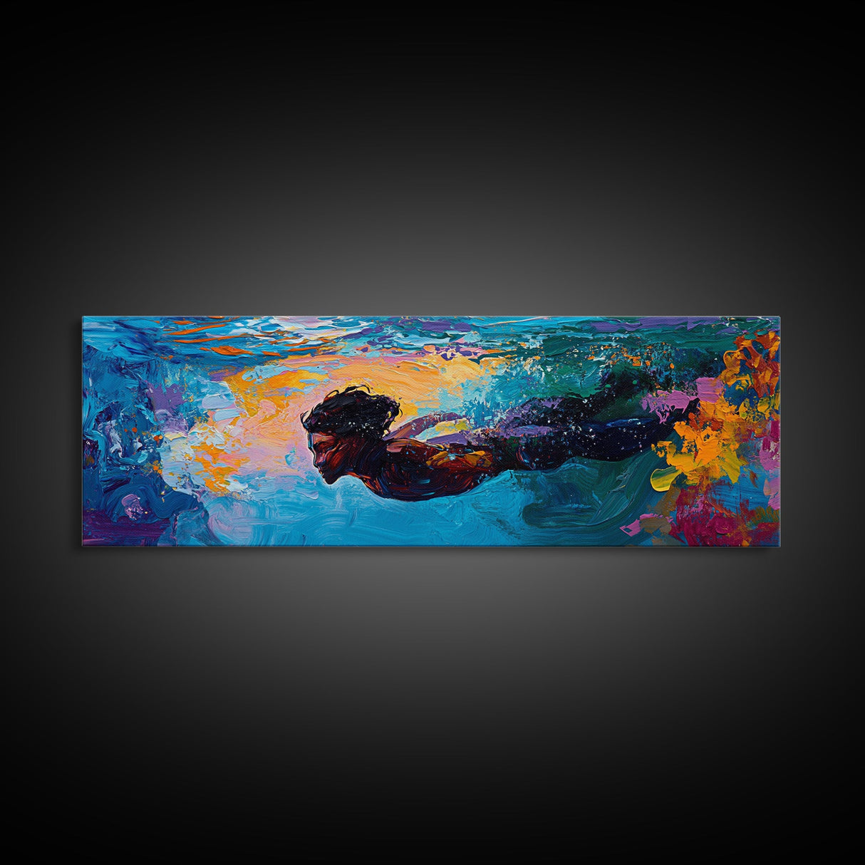 Underwater, Swimmer, Colorful, Abstract, Canvas Print, Vibrant Art, Living Room Decor, Ocean Wall Art, Modern Painting