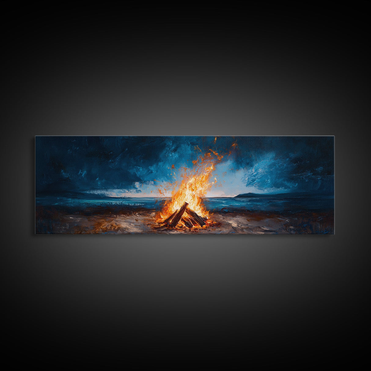 Stormy Beach Bonfire Canvas Print Dramatic Coastal Wall Art Ocean Fire Pit Painting Wilderness Adventure Decor Moody Gift