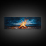 Stormy Beach Bonfire Canvas Print Dramatic Coastal Wall Art Ocean Fire Pit Painting Wilderness Adventure Decor Moody Gift