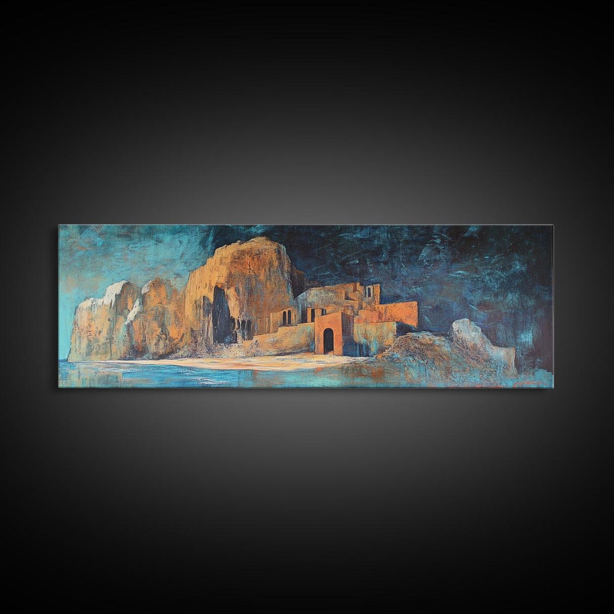 Ancient Ruins Canvas Print Rustic Landscape Wall Art, Mediterranean Decor, Boho Earthy Art, Dark Blue and Orange, Living Room Artwork