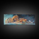 Ancient Ruins Canvas Print Rustic Landscape Wall Art, Mediterranean Decor, Boho Earthy Art, Dark Blue and Orange, Living Room Artwork