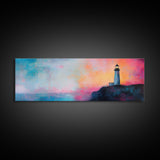 Lighthouse Sunset Canvas Print Nautical Wall Art, Vibrant Coastal Painting, Pink and Blue Seascape, Bedroom Decor