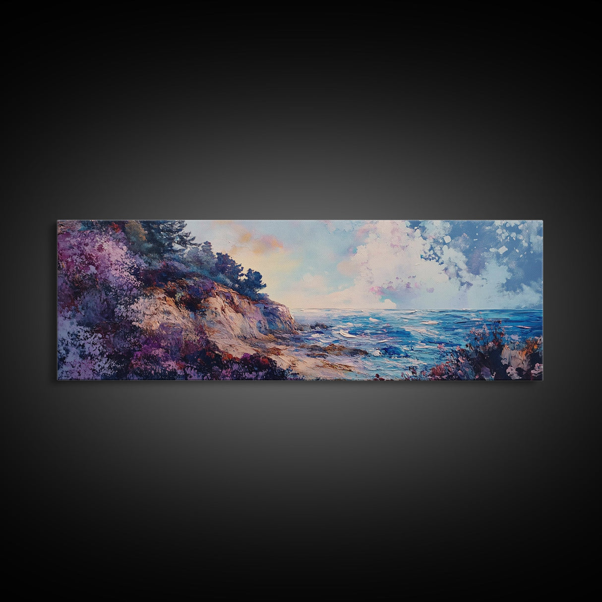 Rocky Shoreline Framed Canvas Print Vibrant Coastal Wall Art, Textured Ocean Scene, Sunset Beach Painting, Modern Boho Decor