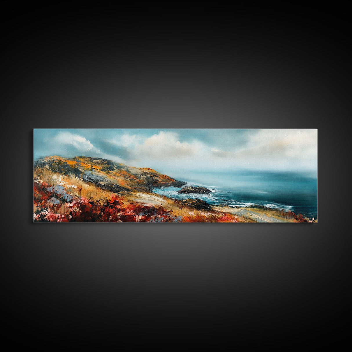 Coastal Cliffside Painting, Vibrant Seaside Landscape, Ocean Beach Art, Modern Nautical Wall Decor, Contemporary Bedroom Accent