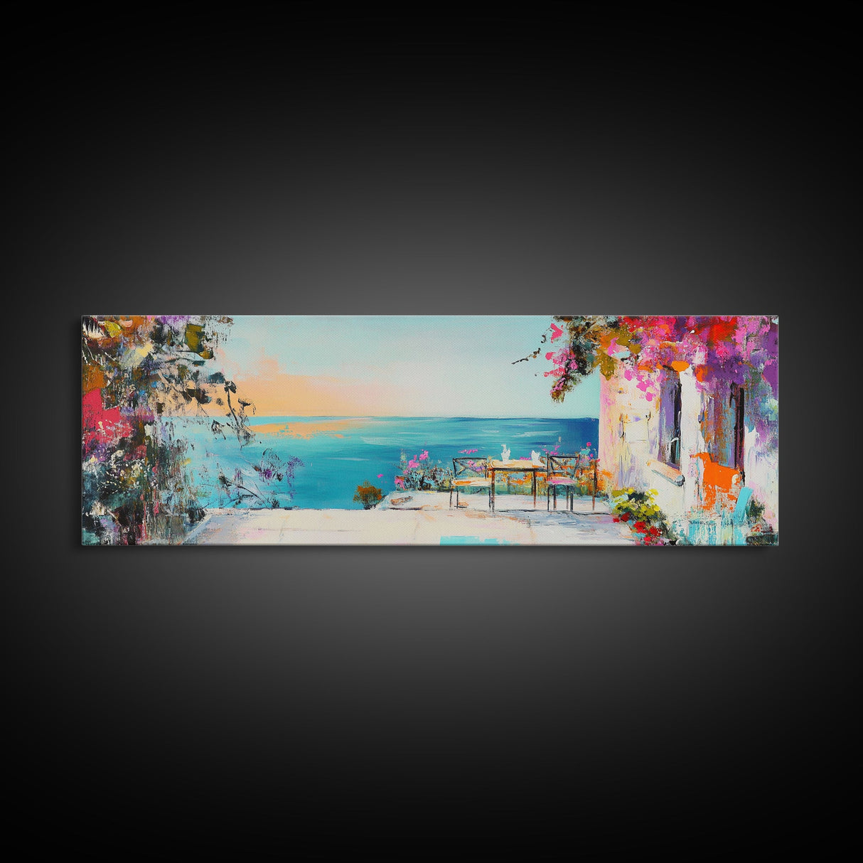 Mediterranean Patio Framed Canvas Print, Coastal Landscape Wall Art, Romantic Seaside Painting, Dining Room Decor, Boho Art